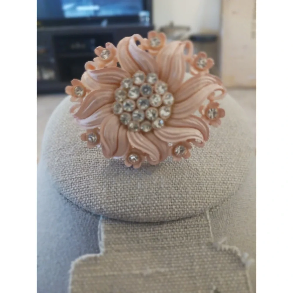 Vintage Peach Floral Brooch Rhinestone Accent Pink Flower Pin Retro Jewelry